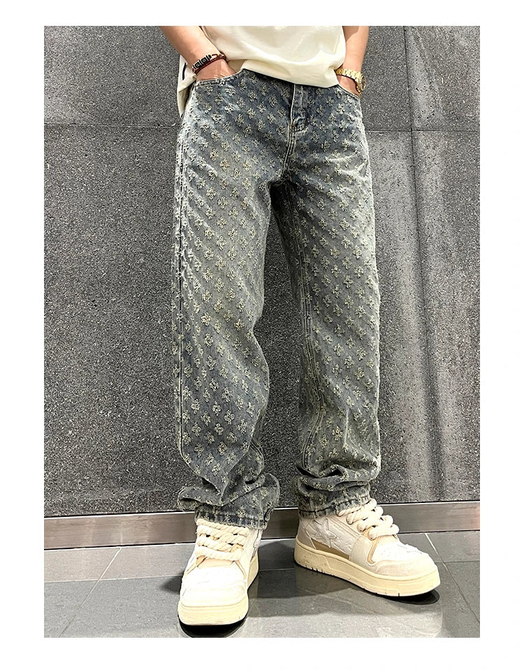 Jacquard Pattern Denim Pants Male Straight Fitting Baggy Bottoms Distressed Wide Jeans For Men