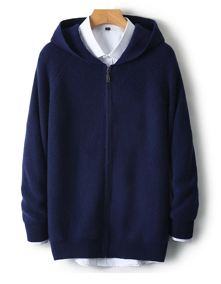 Autumn and Winter 100% Pure Cashmere Cardigan Men's Hoodie Zipper Thick Sweater Loose Plus Size Wool Knitted Sweater Coat
