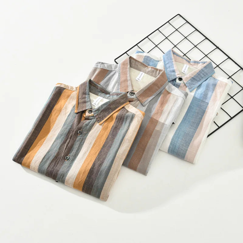 Summer New Linen and Lyocell Cooling Striped Half Sleeve Shirt for Men Casual Turn-down Collar Shirt  EC1292