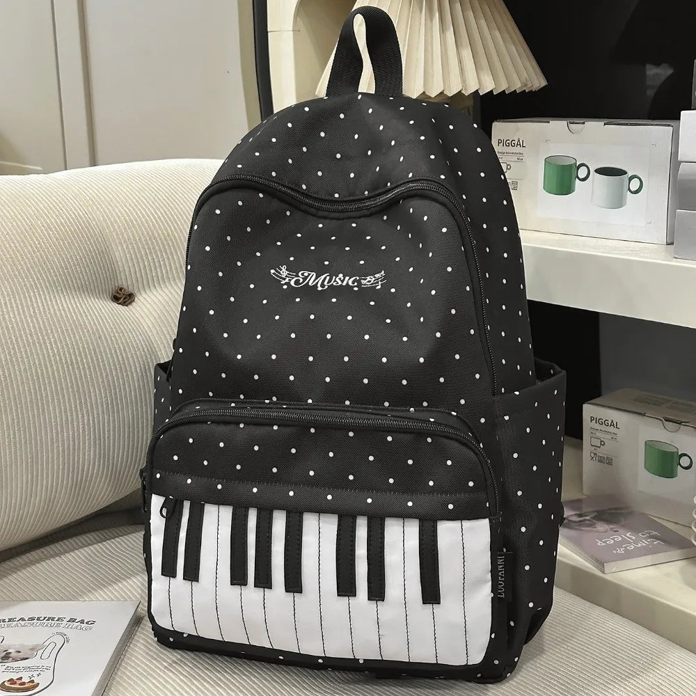 New Large Capacity Polka Dot Backpack Lightweight Multifunctional Piano Key Backpack Black Piano Mochilas for Women