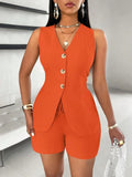 Fashion Casual Shorts Set 2-piece Women's Comfortable Casual Solid Color Button Sleeveless Vest Lace Up Shorts Set