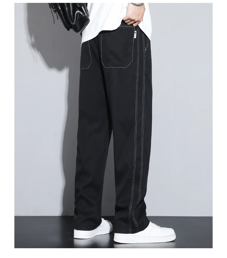 Summer Soft Lyocell Fabric Men's Jeans Thin Loose Straight Pants Drawstring Elastic Waist Korea Casual Trousers Plus Size M-5XL