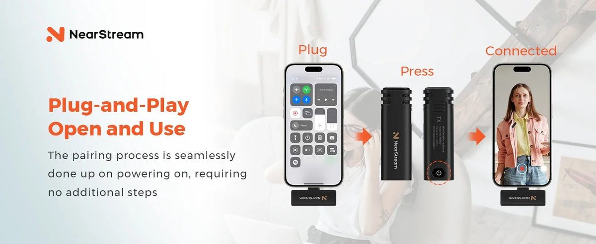 NearStream AWM10T Plus 1-to-2 Wireless Lavalier Microphone, AI DSP Noise Canceling, 33Ft Stable Transmission, 6H Long Battery, Auto Pair Plug & Play Mic for Classroom Vlog Live Stream iPhone Android PC