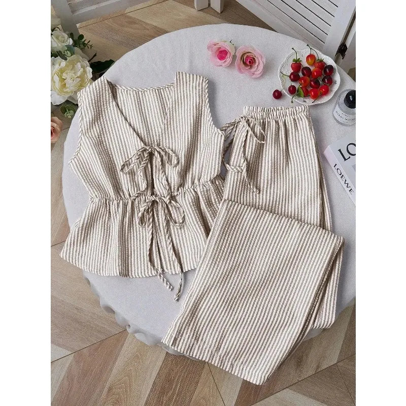 FOTVOTEE 2 Piece Sets Womens Outfits Striped V Neck Lace Up Sleeveless Blouse High Waist Wide Leg Pants Suits Casual Tracksuits