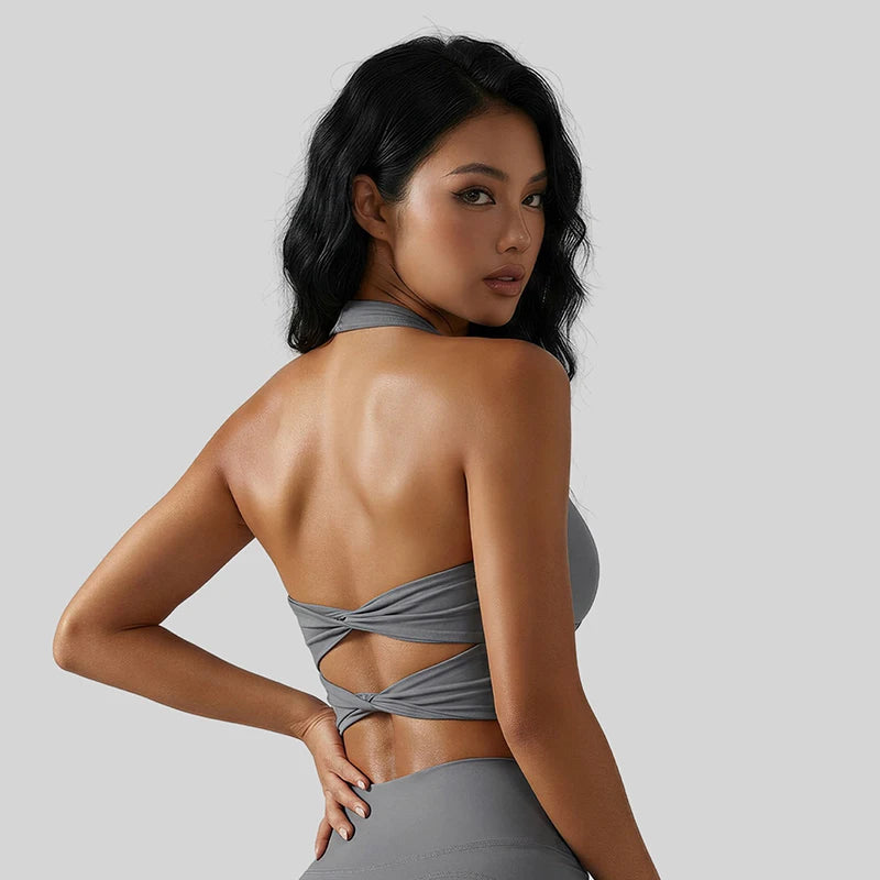 Fashion Neck Hanging Yoga Vest Women Stretchy Racerback Sports Vest with Fixed Built-in Pads Shockproof Push Up Yoga Apparel