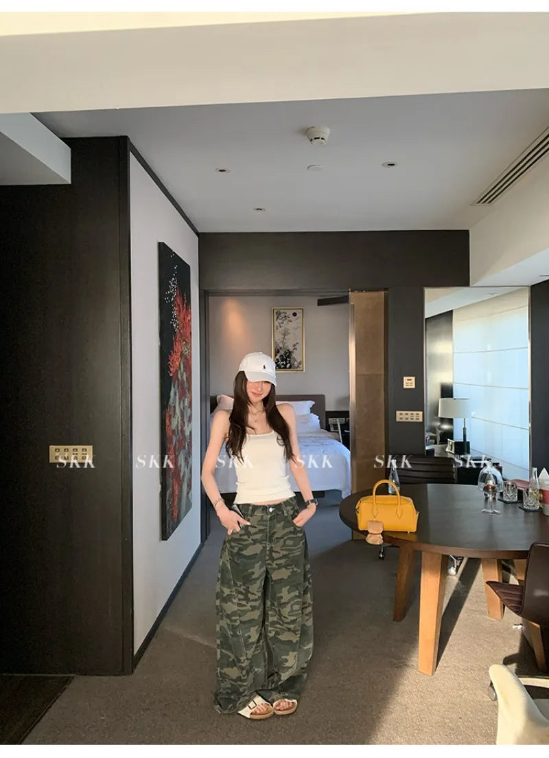 YJKDYK High Waist Camouflage Workwear Jeans Women's Autumn Spring American Retro Wide Leg Floor-Length Pants Trendy High Street