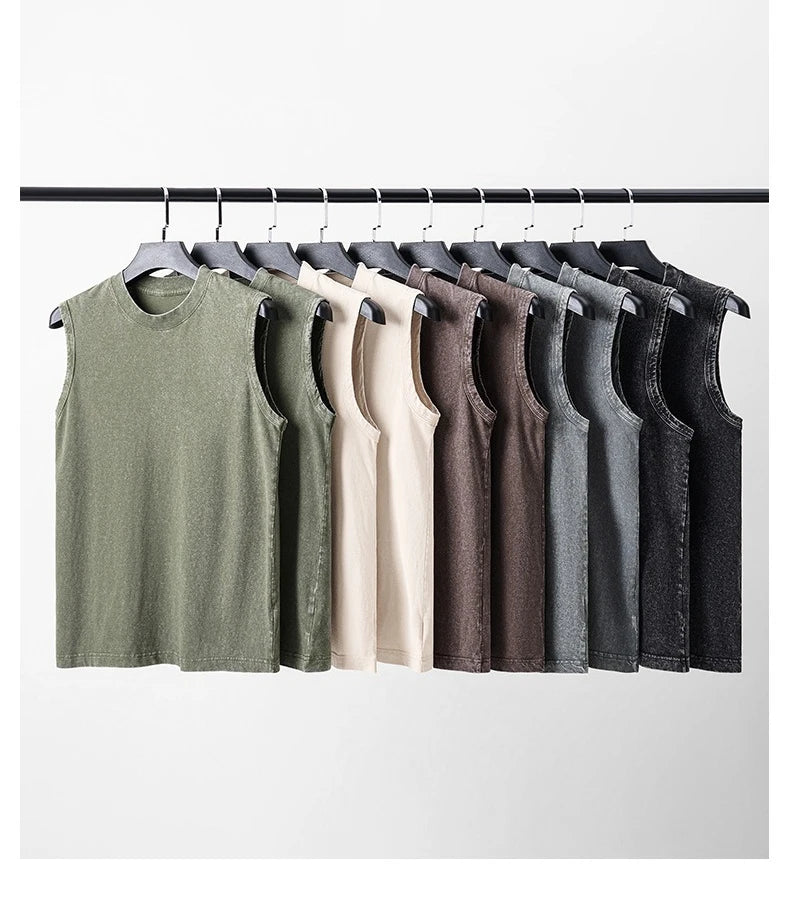 230g Pure Cotton European and American High Street Retro Washed Distressed Sleeveless Vest Men's Casual Loose Shoulder T-shirt