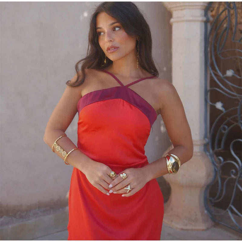  Women Sexy Color Blocking Halter Maxi Dresses Elegant Backless Off shoulder Sleeveless Slim Gowns 2026 New Lady Party Vestidos