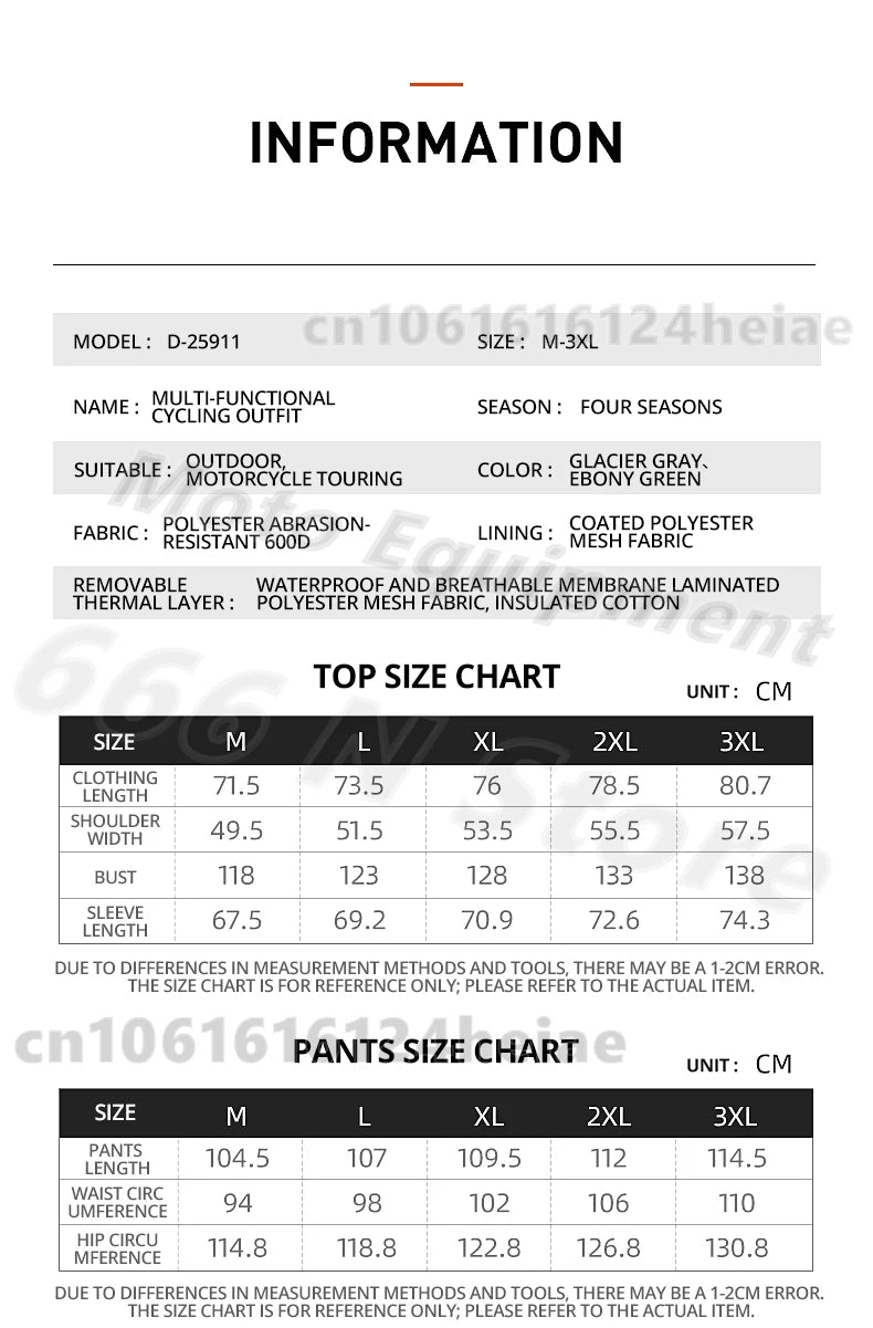 Waterproof Motorcycle Jacket and Pants Suit with CE Level Fall Protection Motocross Riding Gear for All Weather Conditions