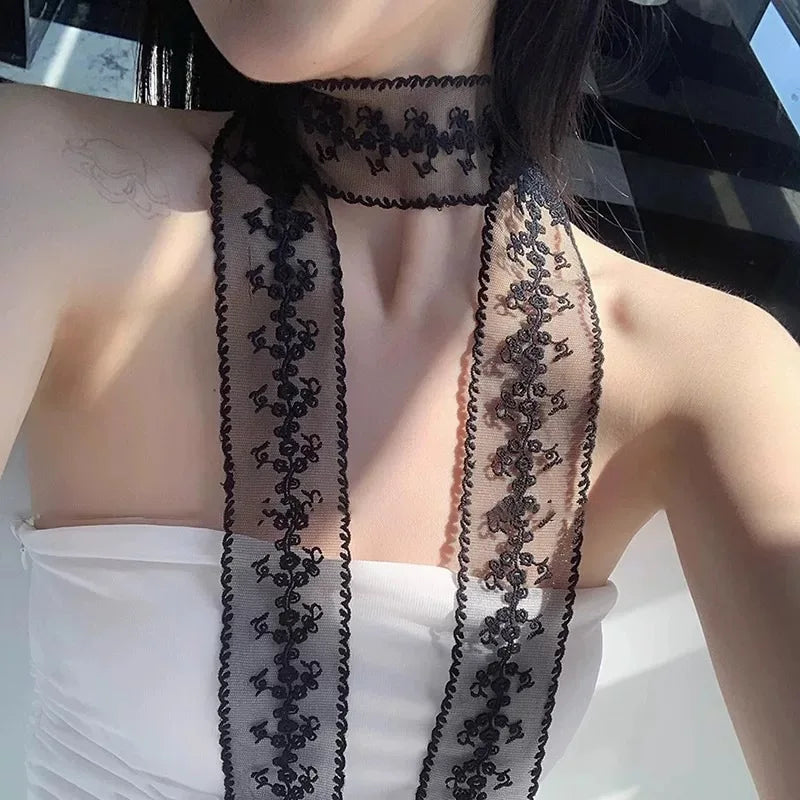 AWAYTR  Long Women Lace Floral Hair Scarf Elegant Embroidery Ribbon Scarves Lady Wrist Headbands Skinny Neckerchief Headwear