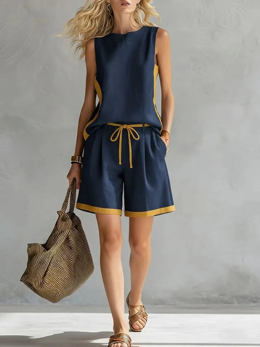 Women Color Block Sleeveless Tank Top Drawstring Shorts Two Piece Set Casual Loose Summer Outfit