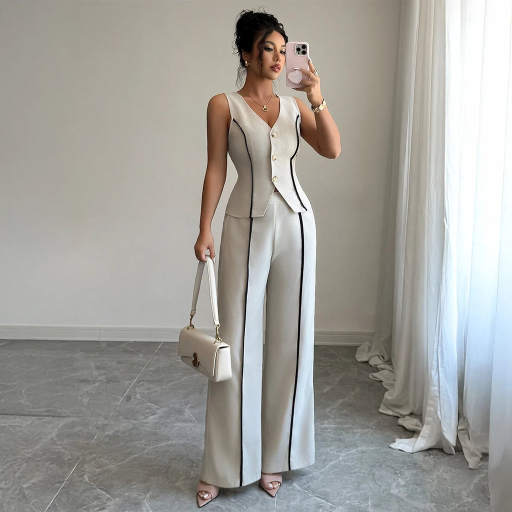 Elegant V-neck High-waisted Color-block Sleeveless Women's Suit For Spring/summer 2026 Dress Elegant Lace Maxi Beach