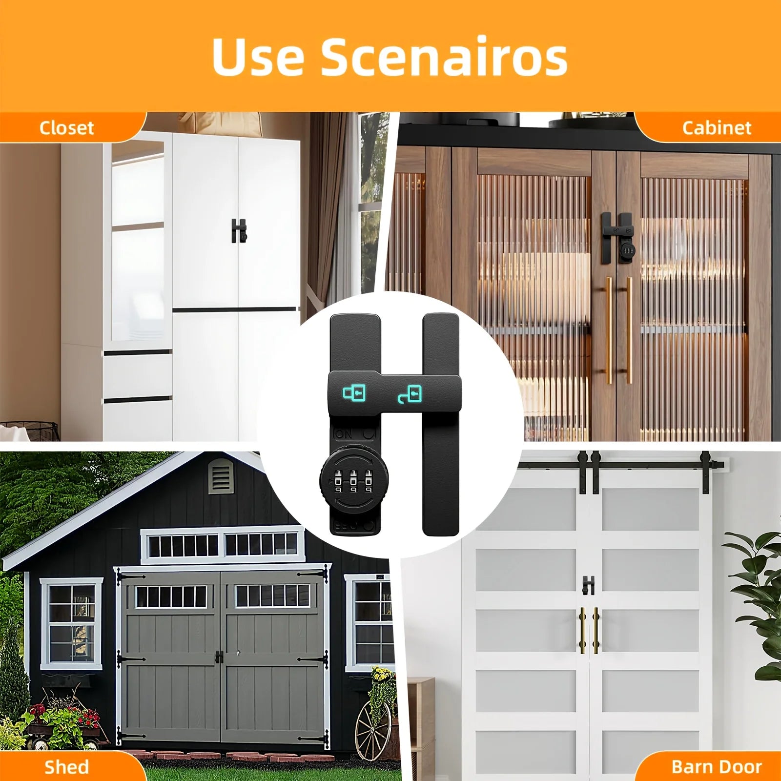 Password Door Lock and Deadbolt, 180 Degree Sliding French Barn Door Lock with 3 Digit Combination Lock, Keyless Cabinet