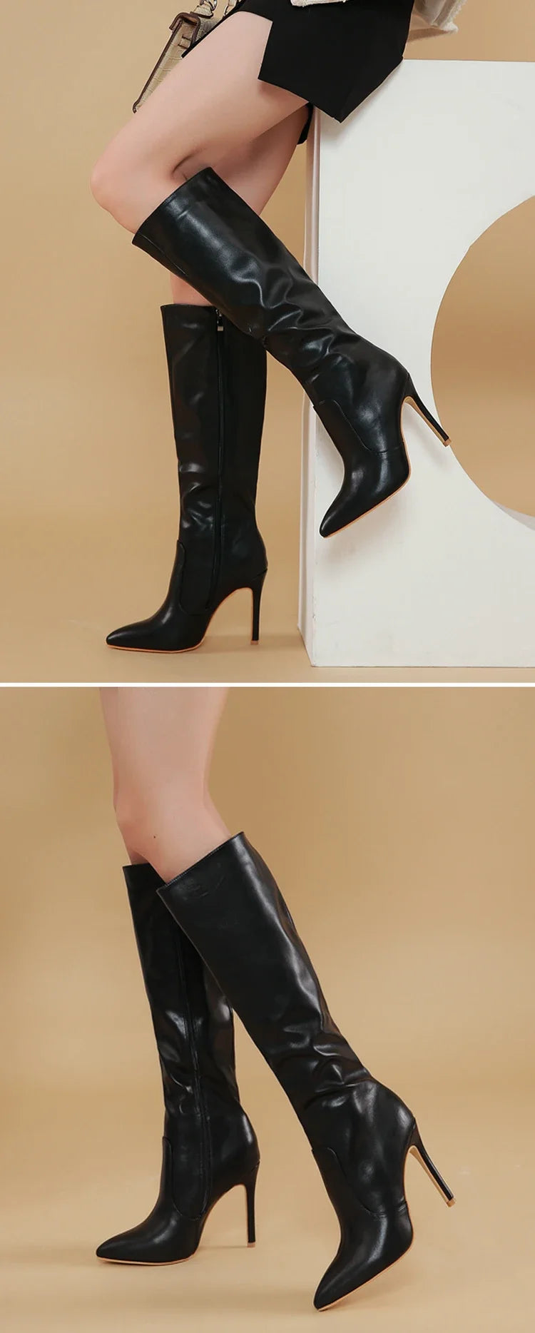 Women's Fashion Elegant Pointed Thin Heel Knee High Long Boots2024 Spring/Autumn PU Panel Side Zipper Boots Western35-42