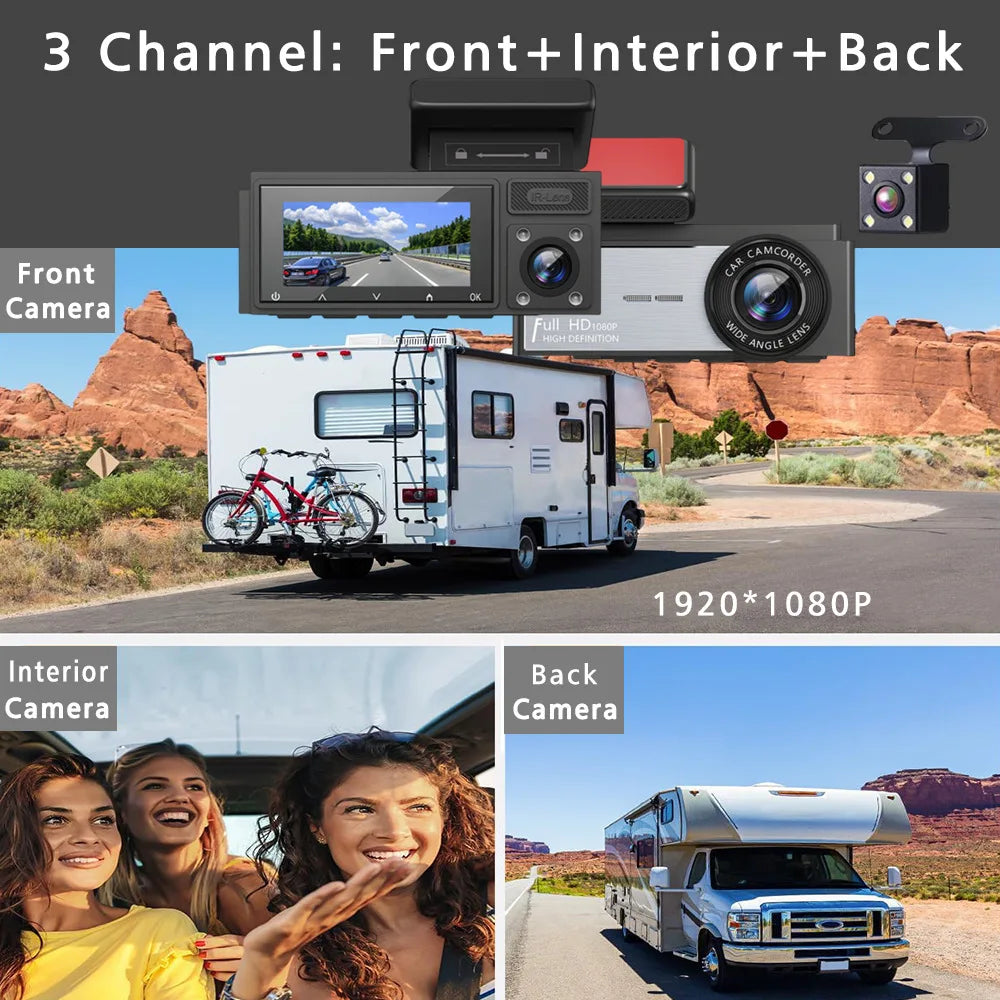 Three Camera Dash Camera, Front, Inside, and Rear Camera, Car Dash Cam, Wide Angle, HD Night Vision, Loop Recording, Car DVR