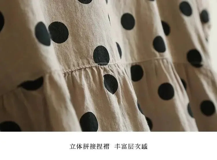 Fashion Retro Cotton and Linen Polka Dot Dress for Women Loose Slim Puff Sleeve Linen Doll Skirt