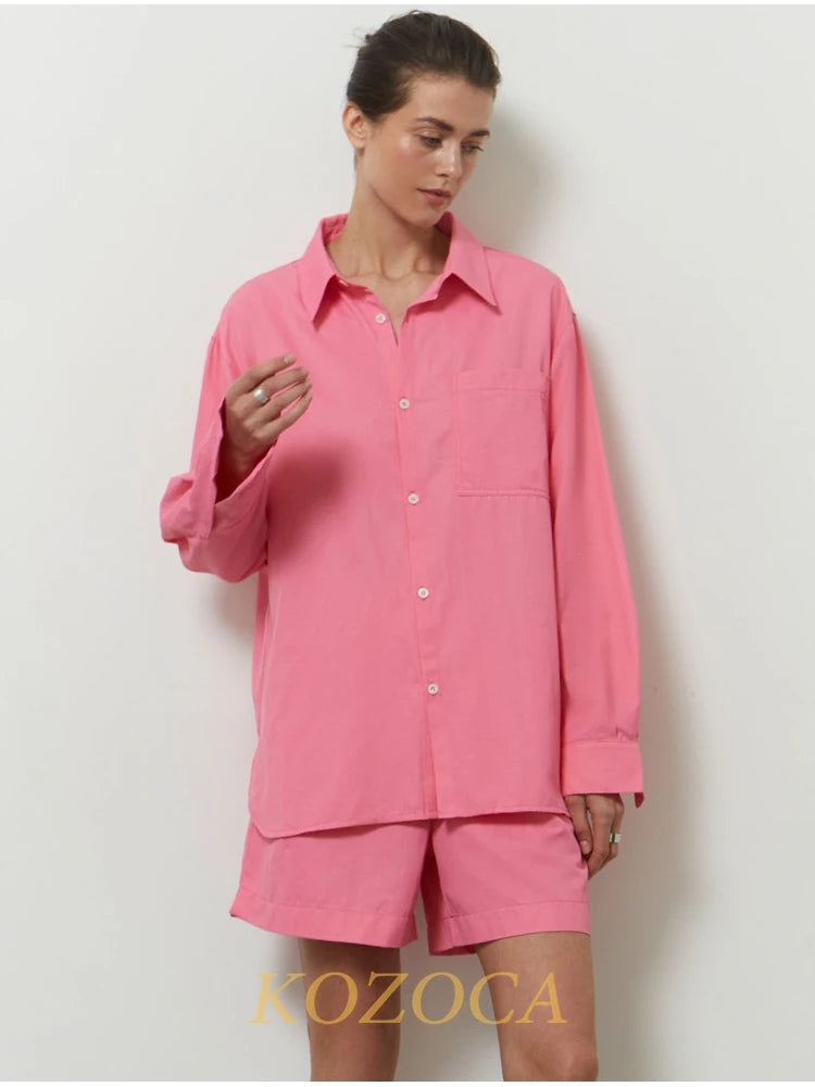 Summer Two Piece Set Women Shorts Suit Green Lapel Long Sleeve Shirts Sets Female Elegant Casual High Waist Pants Lady Outfits