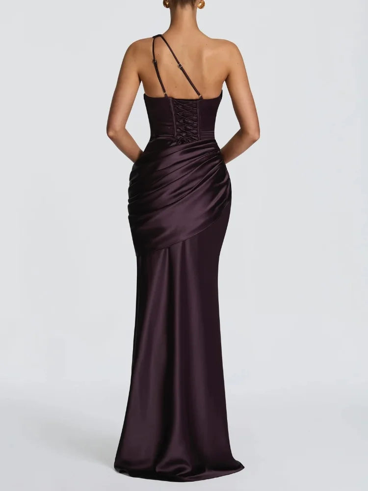 Elegant One Shoulder Satin Long Dress Women Chic Solid Sleeveless Backless Waist Cinching Pleated Dresses  Lady Party Robes New