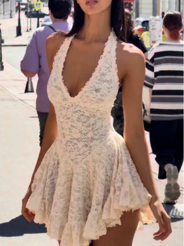 Ivory White Halter‑Neck Lace Mini Dress Women Deep V‑Neck Backless Fitted Waist Flared Hem Vestido Birthday Date Holiday Gown