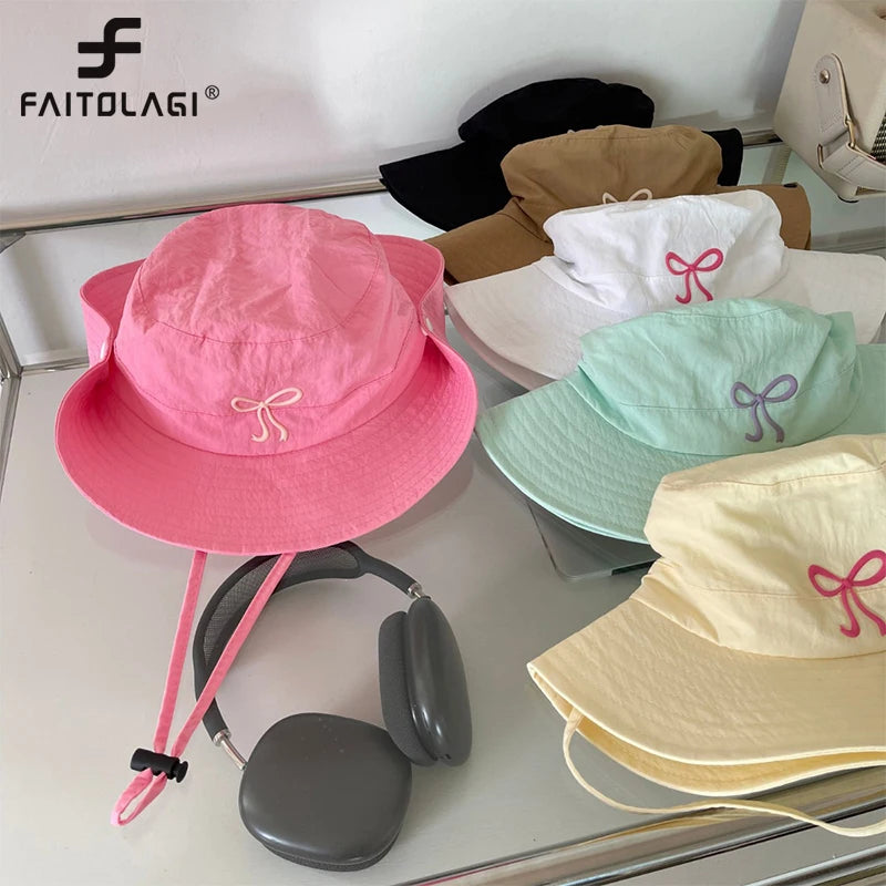 Korean Pink Bow Quick Dry Fisherman Hat Windproof Rope Women Outdoor Camping Mountaineering Hats Girl Summer Sunscreen Bowl Cap