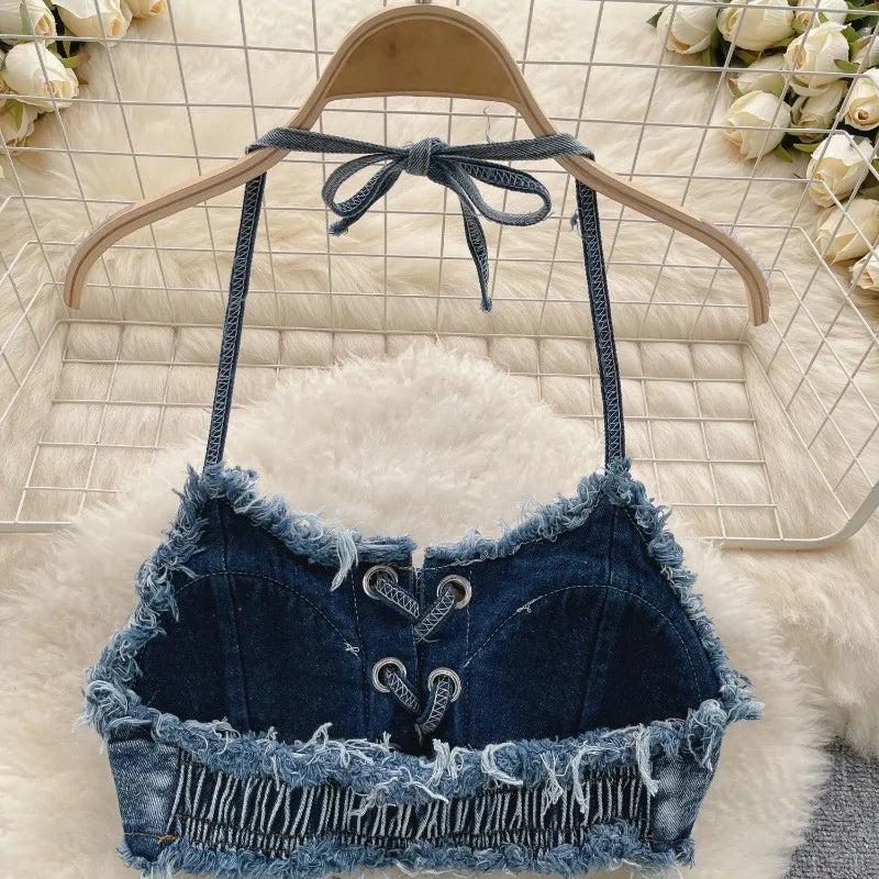 Retro Women Bikini Denim Suits Summer Halter Camis+ Mini Pant Lingerie Fashion Vacation Swimsuits Sexy Bra&Briefs Sets