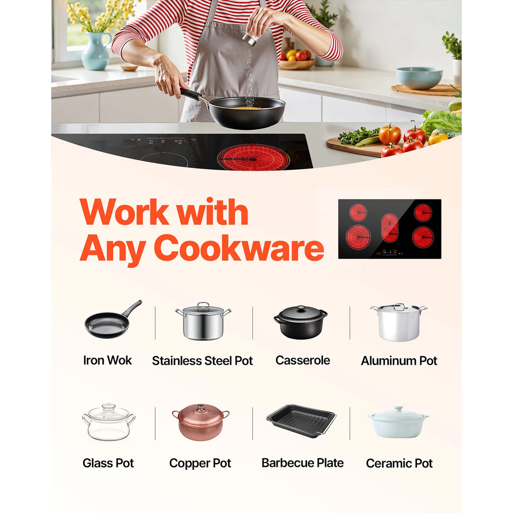SucceBuy Electric Cooktop Built-in Electric Stove Top Ceramic Top Radiant Cooktop w/ Glass Panel Touch Control Timer Child Lock