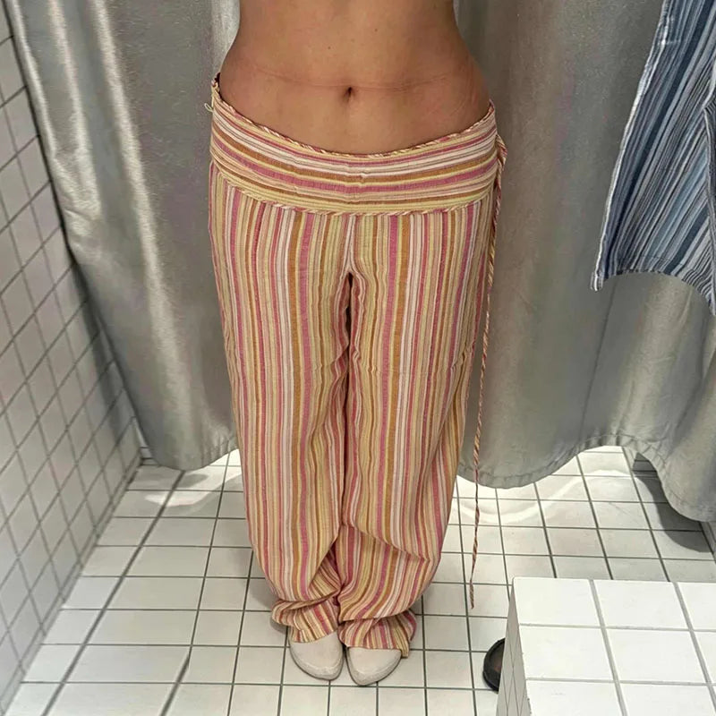 Color Vertical Stripe Women's Wide Leg Pants Folded Wide Waistband Side Thin Drawstring Tie Relaxed Drape Length Casual Pants