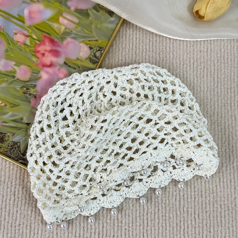 Fashion Hollowed Out Woven Pullover Hats Crochet Breathable Beret Cap Pearl Fringed Retro Beanies Cap for Women Summer Korean