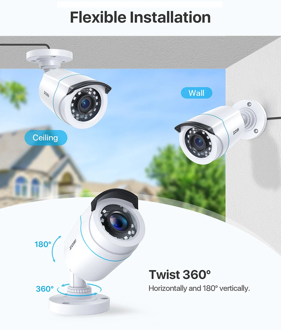 ZOSI 1080P HD TVI Bullet Security Camera Outdoor with 80ft IR Night Vision Motion Detection 2MP HD CCTV Surveillance White 2Pack/4Pack