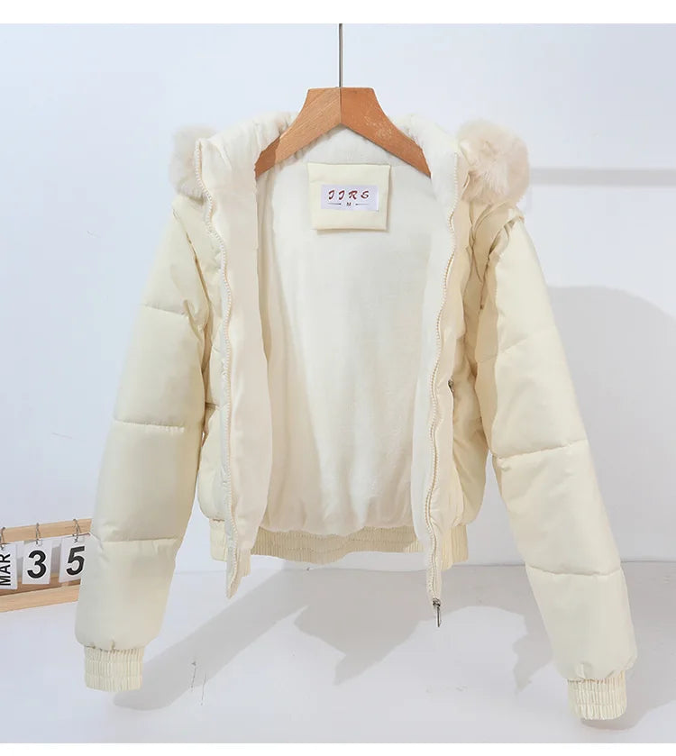 Winter Thickened Short Korean-Style Cotton-Padded Jacket with Fur Collar for Petite Women Warm Coat down Filled