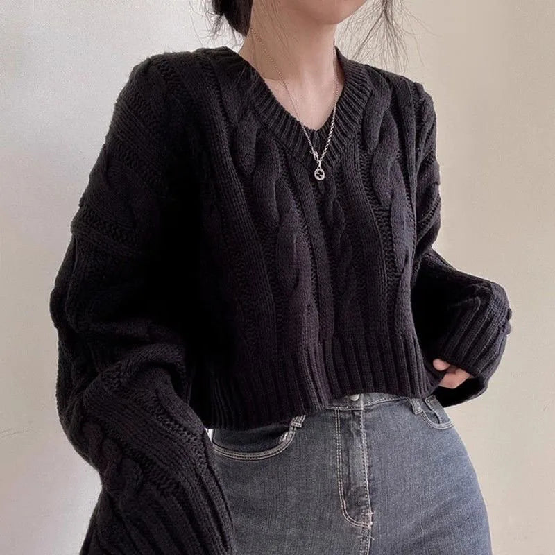 Vintage Twist Cropped Sweater Pullover Women Autumn Winter Loose V-Neck Knitted Jumper Lazy Style Classic Long Sleeve Knitwear