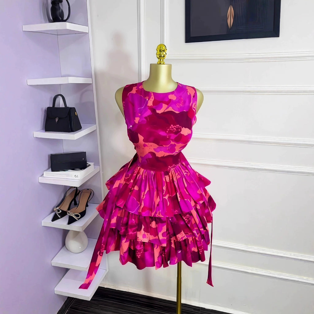 2026Elegant Women Ruffles Sexy Mini Dress Fashion Floral Print Chiffon Short Skirt Long Sleeve V Neck Hollow Out Low Cut Dresses