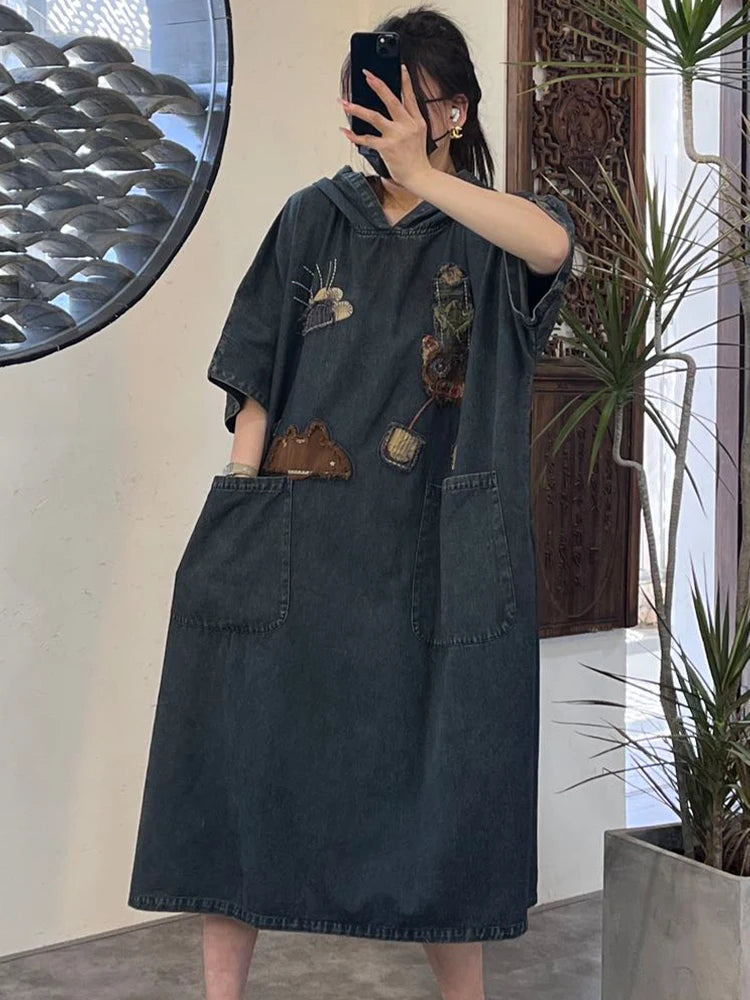 Amax LuluE 2026 Spring Korean Patchwork Hooded Denim Dress Womens Oversized Clothes Ladies Casual Vintage Classic Loose Vestidos