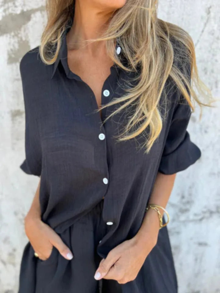 2026 Women's Casual Solid Color Cotton and Linen Shorts Long Sleeve Wrinkle Shirt Two-piece Set