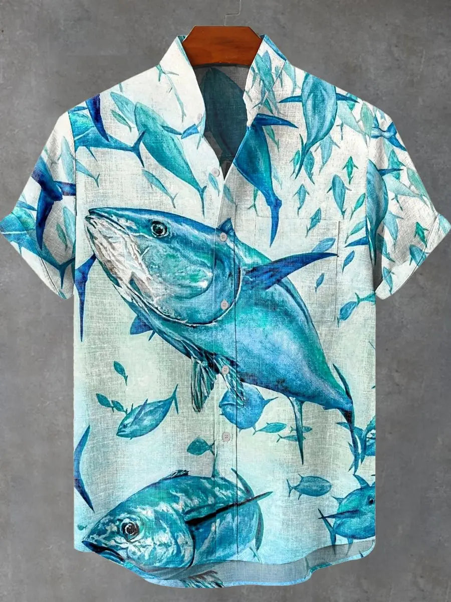 Vintage Fish Pattern Men's Art Shirt Short Sleeve Linen Casual 3D Geometric Printed Shirt Summer New Collection