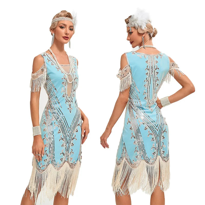 Vintage 20s 1920s Dress The Great Gatsby Womes Sequins Tassel Fringe Evening Dress New