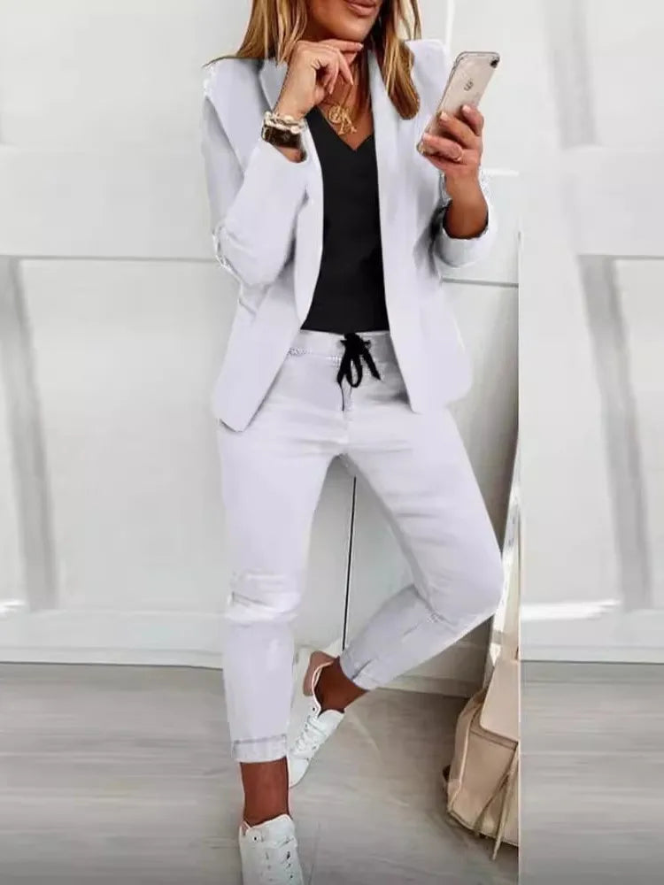 2026 Women Two Piece Pant Suit Set Outfits Spring Autumn Turn Down Print Blazer Coat Drawstring Pants Suit Women Casual Sets