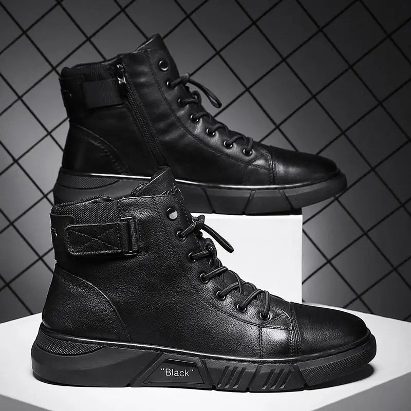 Men's Breathable Leather Casual High Top Leather Shoes Casual Men's Shoes Desert Boots British Style Black Leather Boots