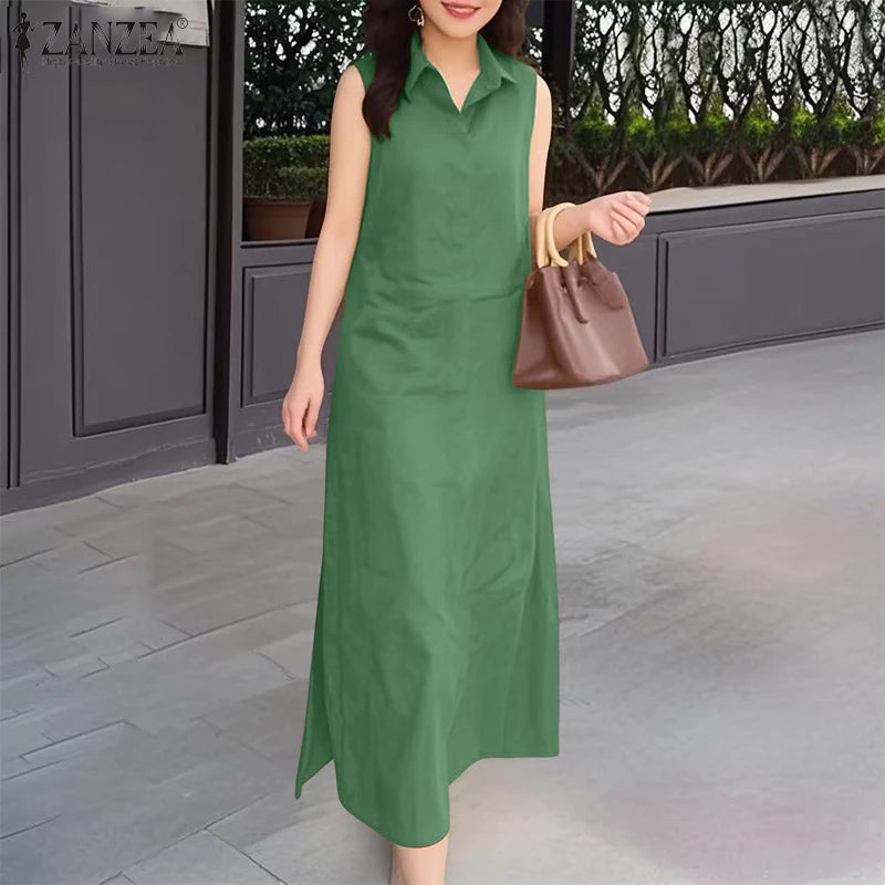 2025 Summer Sleeveless Sundress ZANZEA Women Long Dress Elegant Work OL Dresses Casual Lapel Neck Solid Vestidos Split Hem Robe