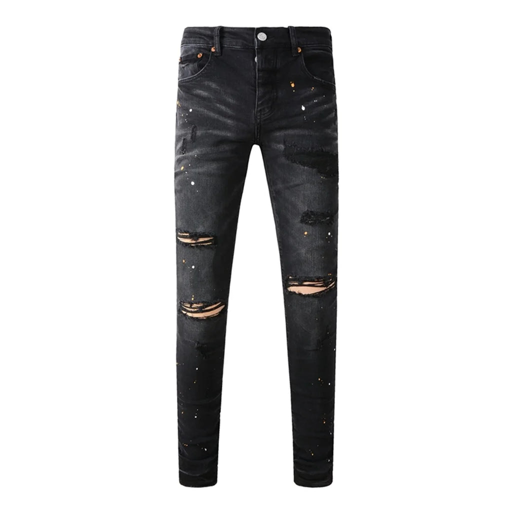 High Street American Distressed Men's Jeans Fashion Brand Coated Blank Stretch Skinny Button Fly Ripped Pants Trousers