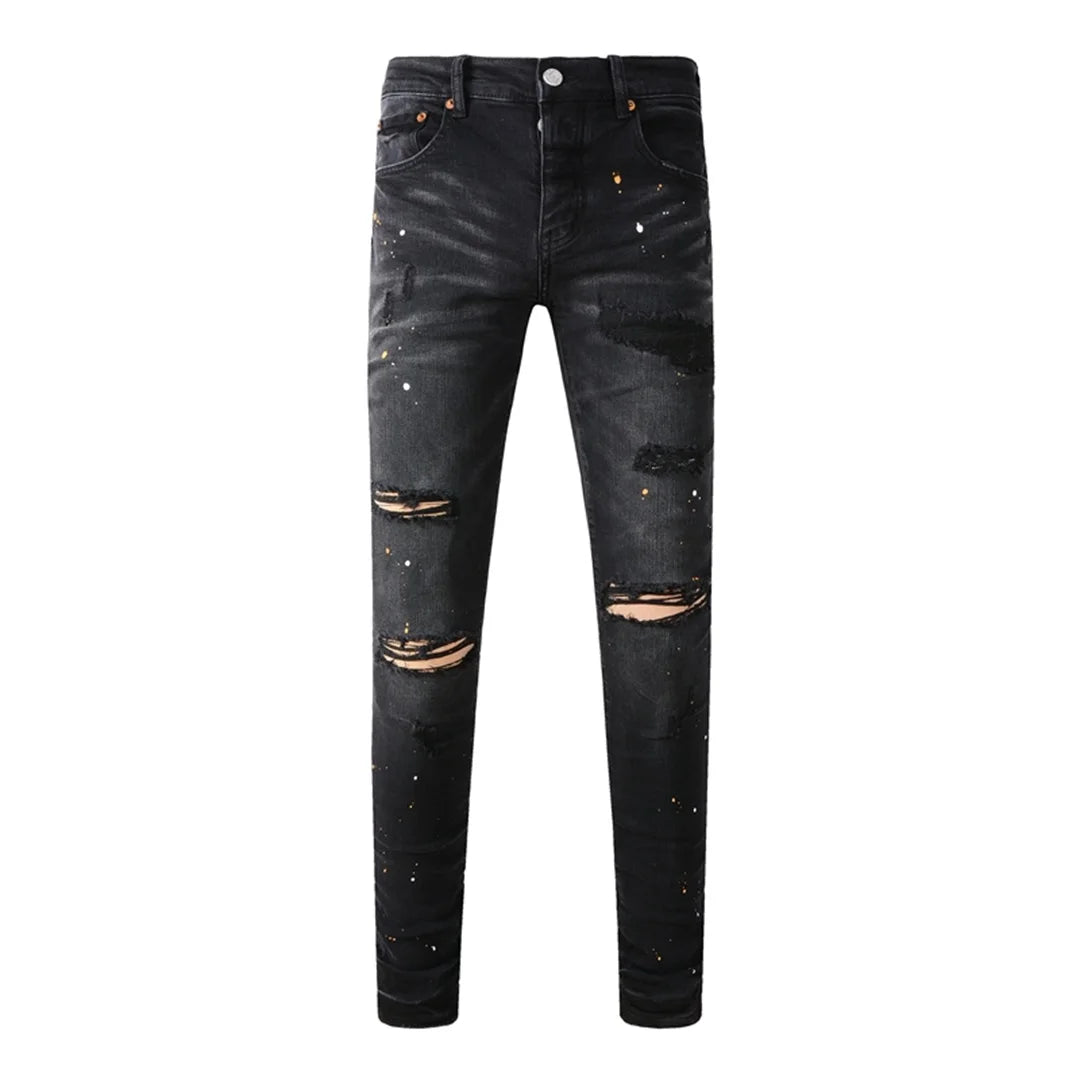 High Street American Distressed Men's Jeans Fashion Brand Coated Blank Stretch Skinny Button Fly Ripped Pants Trousers