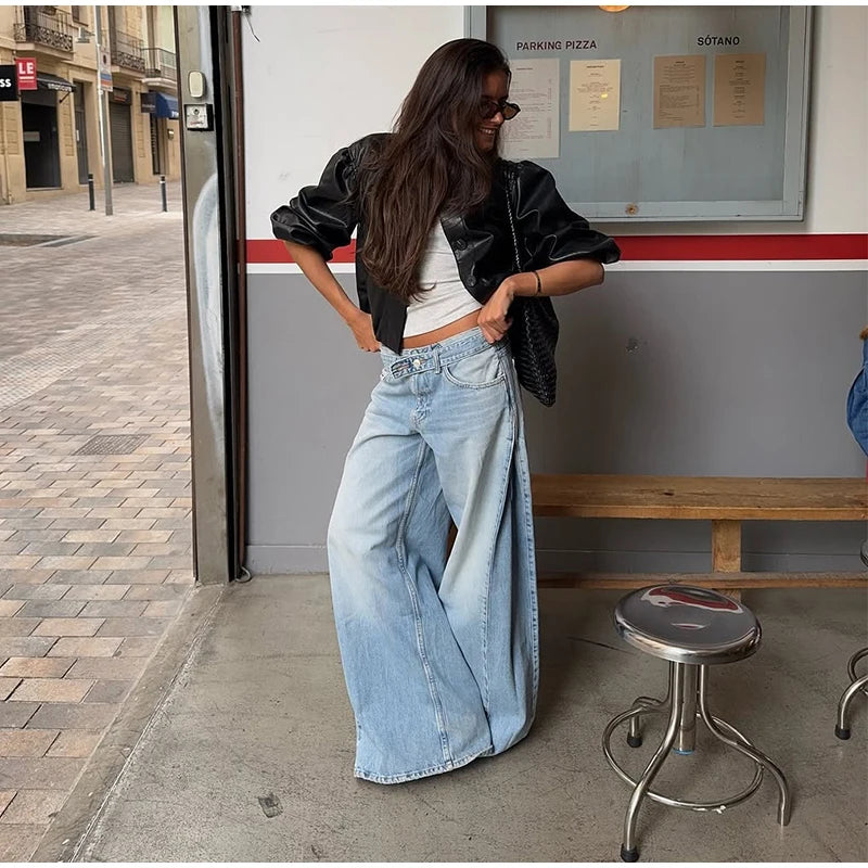 2026 Spring Low Waist Pleated Wide Leg Jeans Light Wash Raw Edge Double Waistband Casual Women Pants Trendy Y2K Lady Trousers