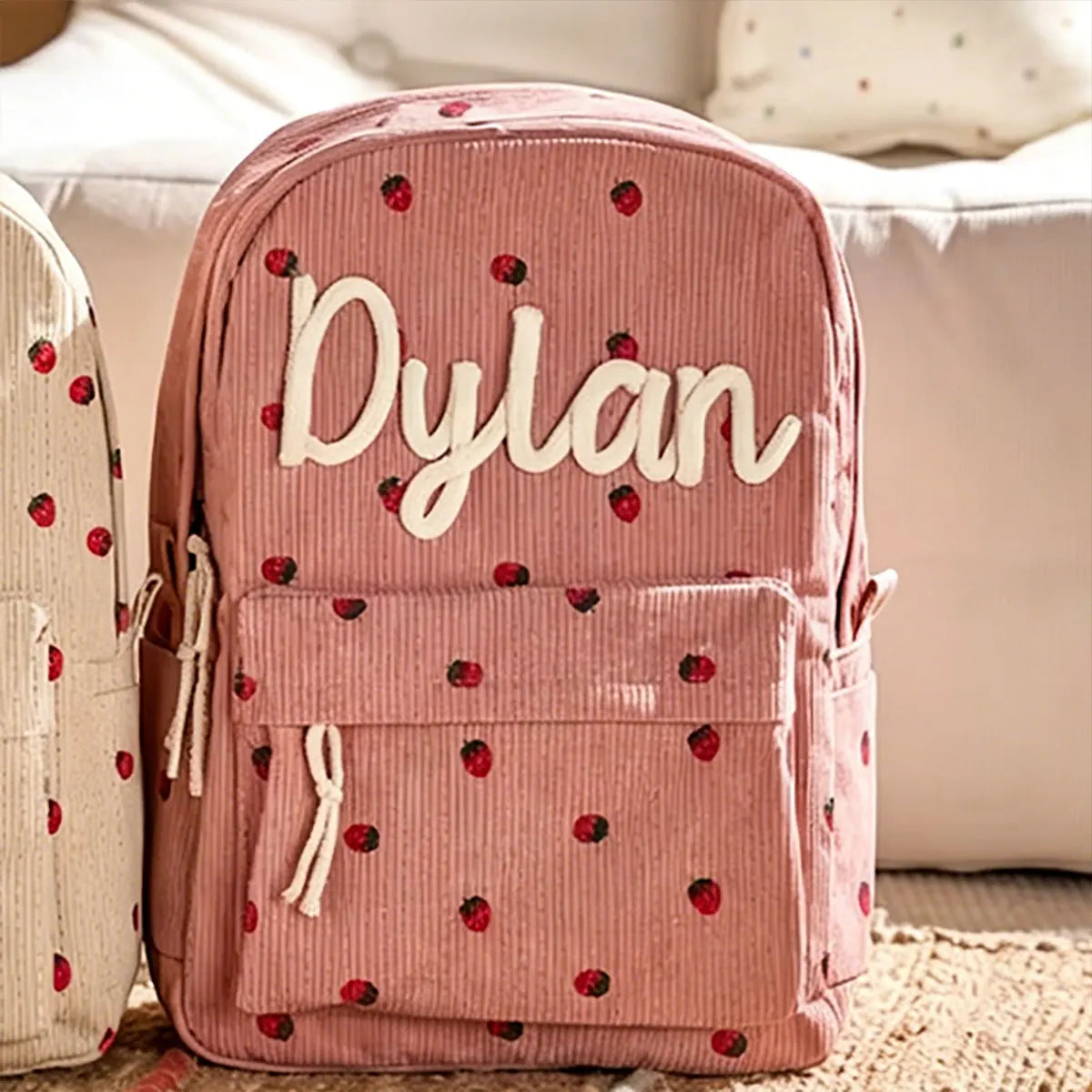 1pc Personalized Corduroy Backpack, Strawberry/Checkered Pattern, Simple and Spacious, Perfect Back-to-School Gift