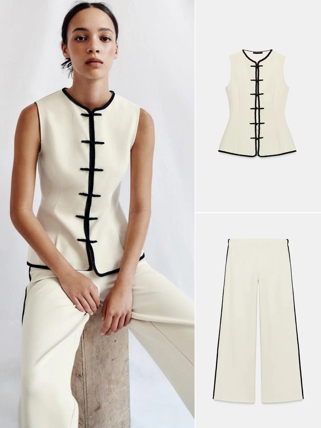 No-Sleeve round Neck Rope Knot Top with Wide Leg Pants Straight Cut Color Block Design Women's Fashion Set Autumn Collection