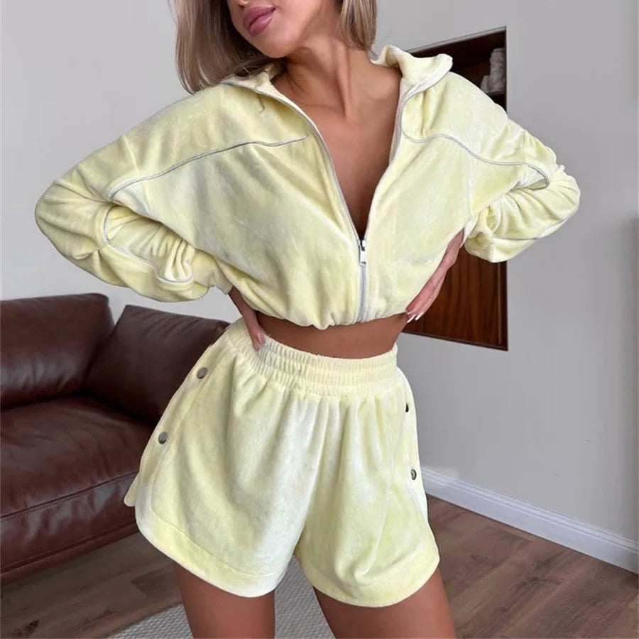 Summer Women Long Sleeved Zipper Two Piece Sets Top Elastic Shorts Outfits Fashion Striped Casual Suits Lapel Tracksuits 2026
