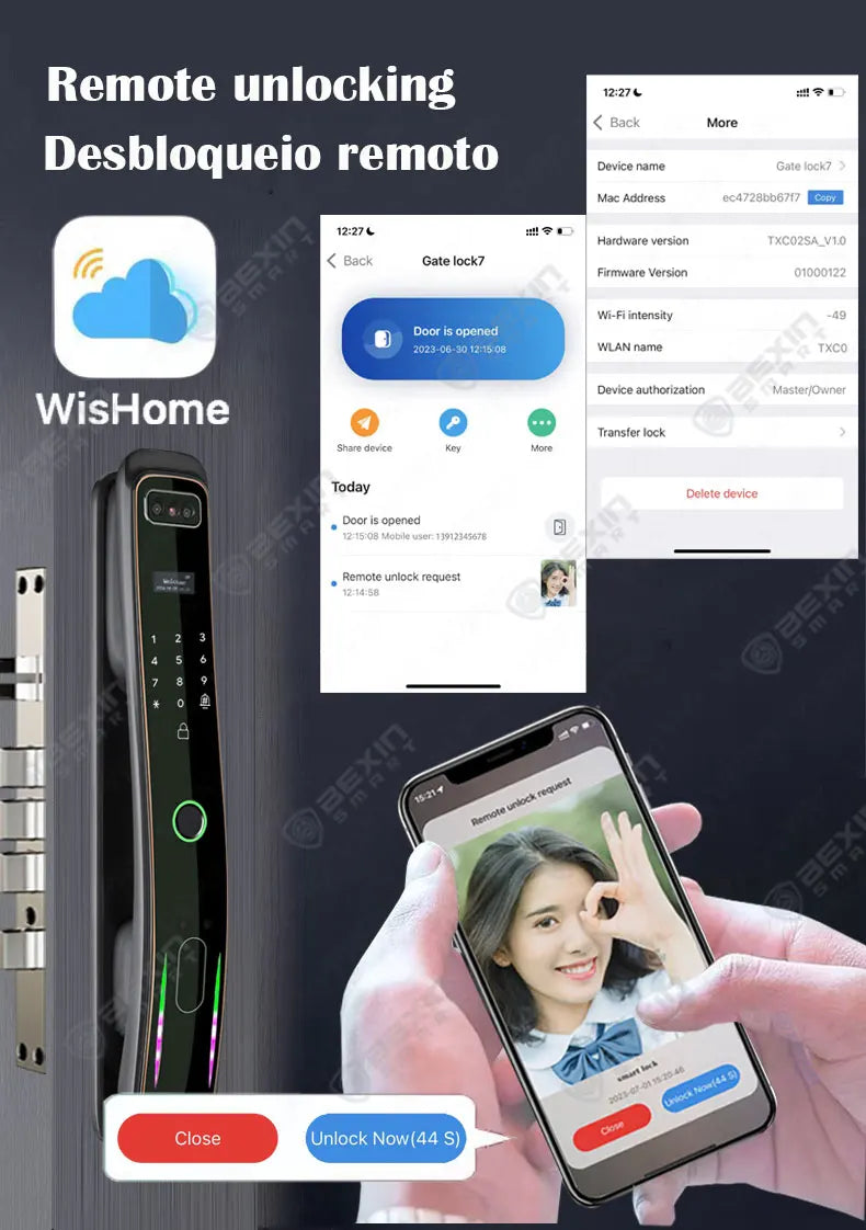 WISHome APP or Tuya App 3D Face Recognition smart Door Lock Unlock Digital Smart Lock Fingerprint Key Card Nfc Phone Unlock Lock
