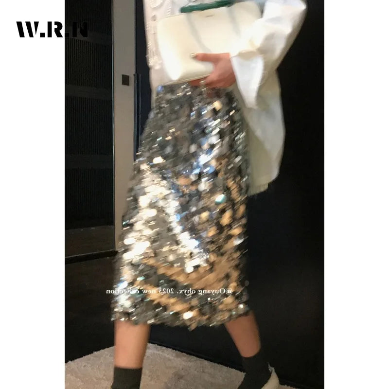 2024 Spring High Street Clubwear Sequins Design Mid Long Skirts Women Casual High Waist Streetwear Hotsweet A-Line Skirt