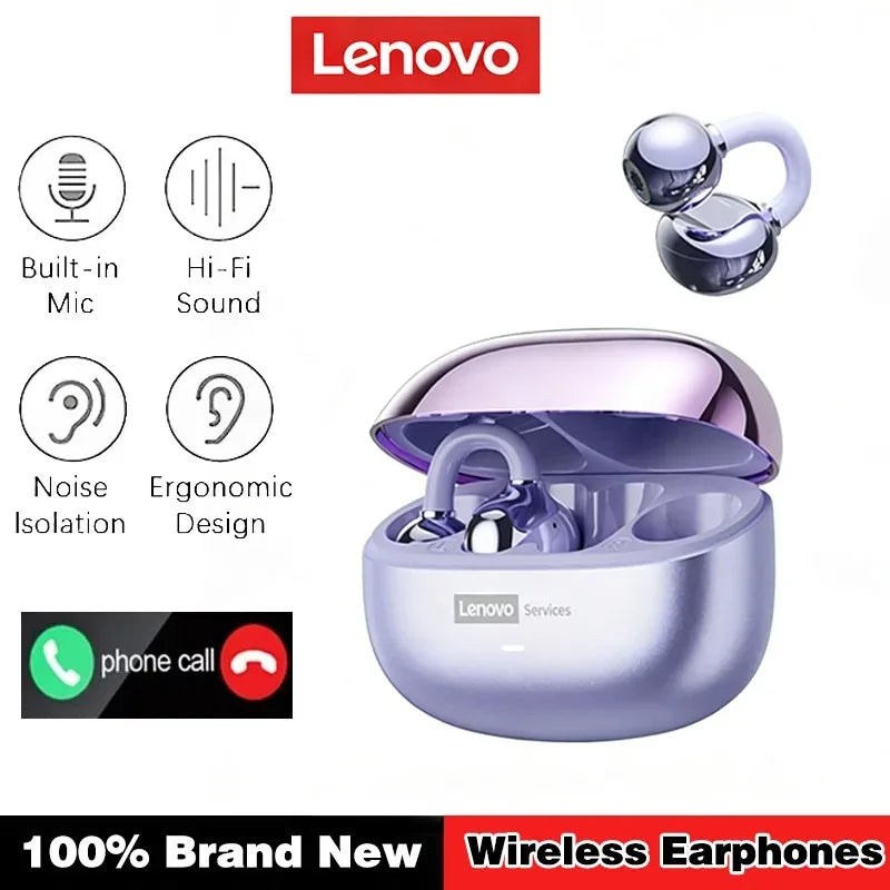 Lenovo LE302 Open Ear Clip On Earbuds Bluetooth 6.0 Wireless Headphones ENC Noise Reduction HIFI Stereo 25H Touch Control