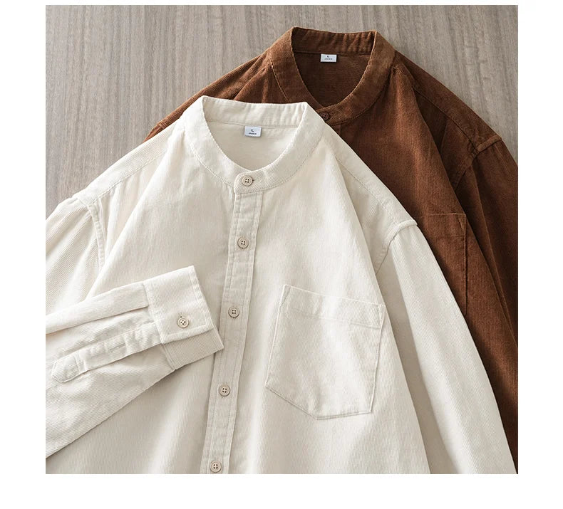 DUKEEN Corduroy Stand Collar Long Sleeve Shirt for Men 100% Cotton Spring and Autumn Casual Men's Clothing