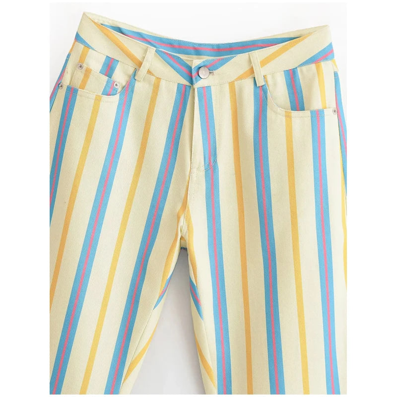 Women‘s Colorful Striped Pant New Summer Straight Multicolor Wide Leg Long Pants Casual Fashion Streetwear Female Outfit 2026